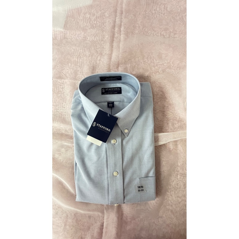 Stafford Essentials Mens Blue Oxford Dress Shirt 16.5 32-33 Cotton Blend NWT